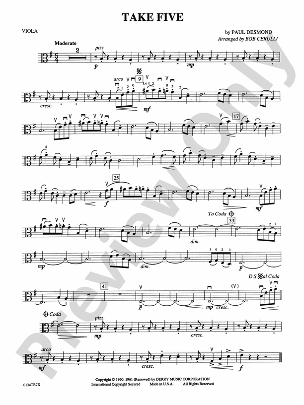 Take Five: Viola: Viola Part - Digital Sheet Music Download