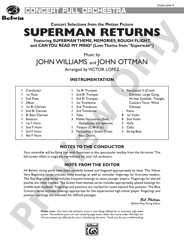 Superman Returns, Concert Selections from