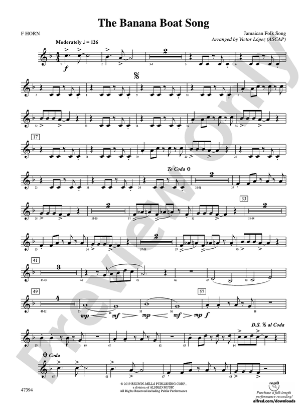 The Banana Boat Song 1st F Horn 1st F Horn Part Digital Sheet Music Download