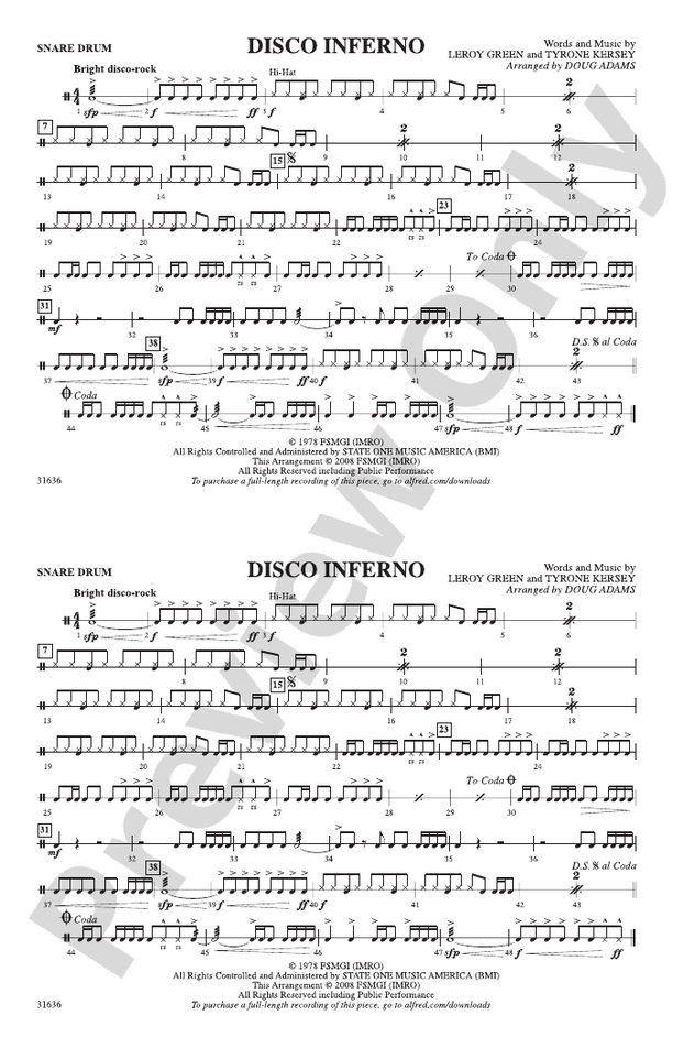 Disco Inferno: Snare Drum: Snare Drum Part - Digital Sheet Music Download