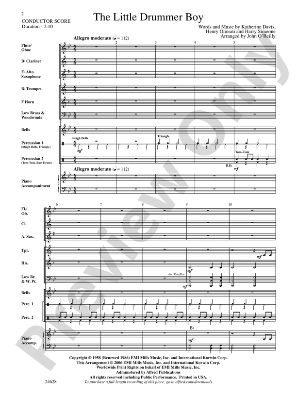 The Little Drummer Boy Concert Band Conductor Score & Parts John O