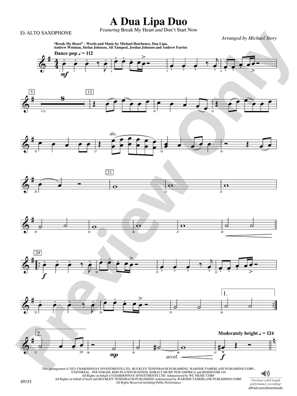 A Dua Lipa Duo E Flat Alto Saxophone E Flat Alto Saxophone Part Digital Sheet Music Download 