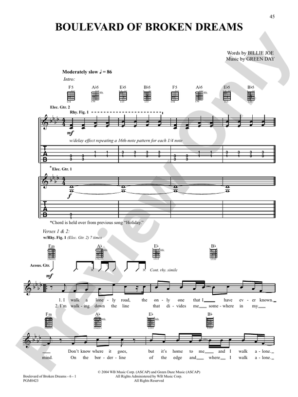 Boulevard Of Broken Dreams Guitar Billie Joe Digital Sheet Music