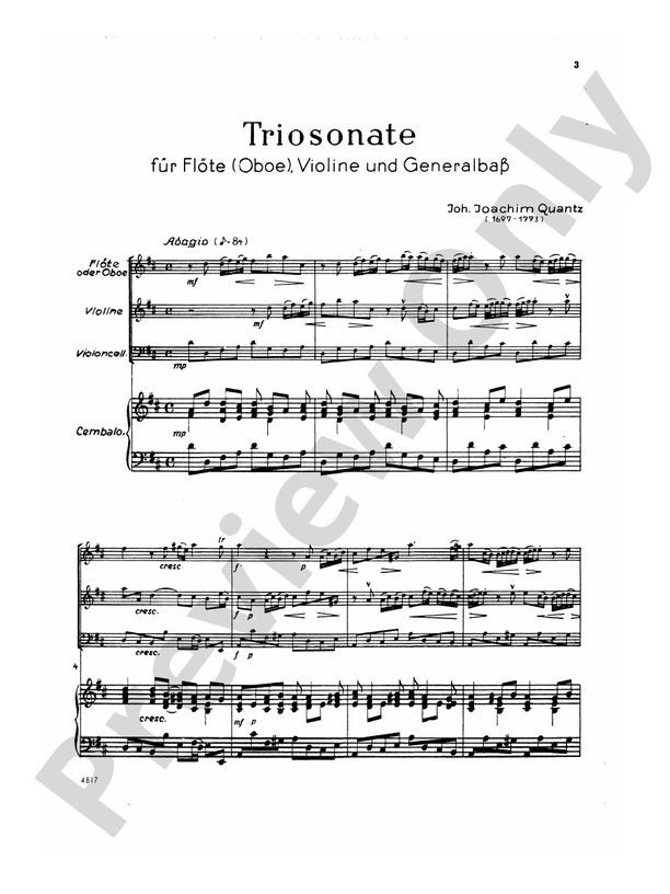 Quantz: Trio Sonata in D Major: Chamber Trio Score & Parts: Johann Quantz -  Digital Sheet Music Download