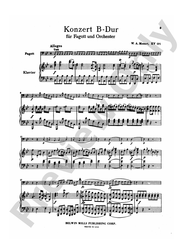 Mozart Concerto in B flat Major, K. 191 Bassoon & Piano Part(s