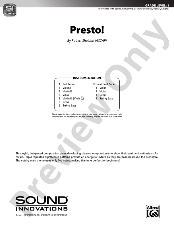 Presto! String Orchestra Conductor Score & Parts Robert Sheldon