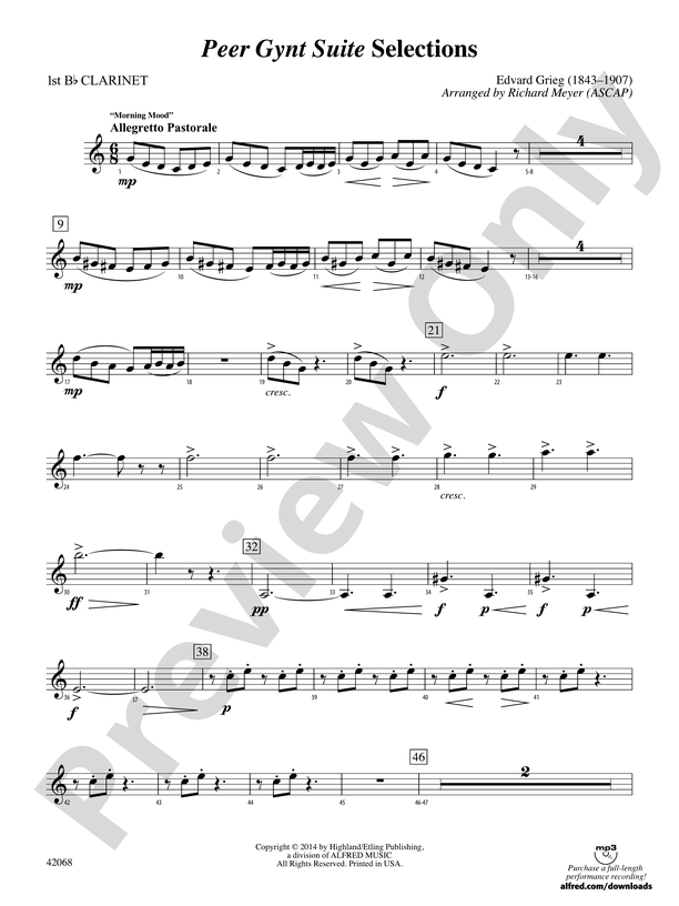 Peer Gynt Suite Selections 1st B Flat Clarinet 1st B Flat Clarinet Part Digital Sheet Music 