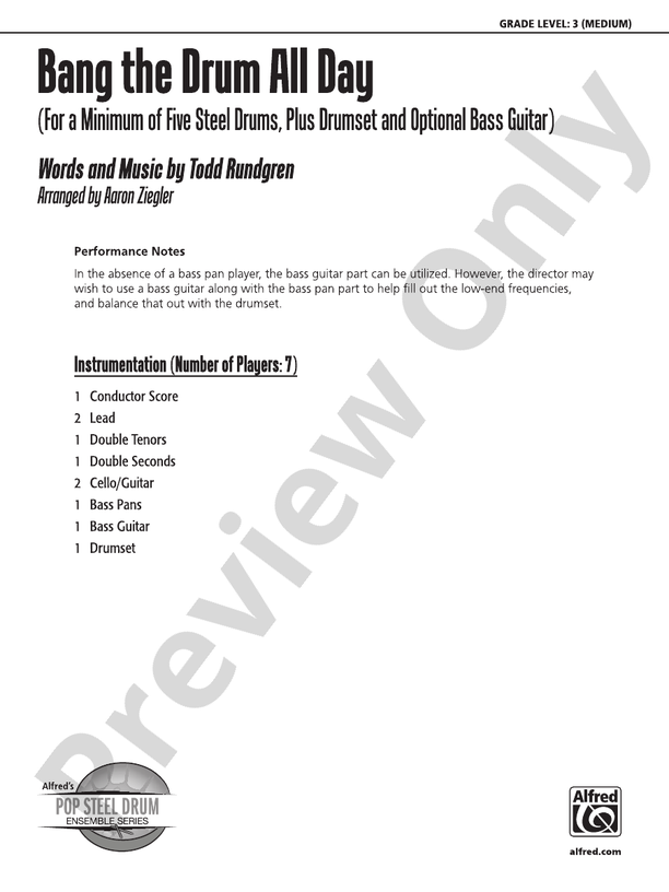 Bang the Drum All Day Steel Drum Conductor Score & Parts Todd