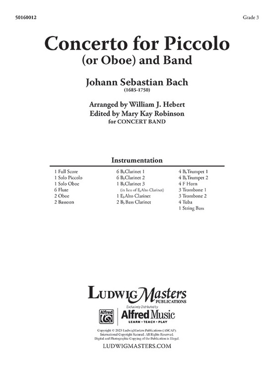 Concerto for Piccolo or Oboe and Band J.S. Bach Sheet Music