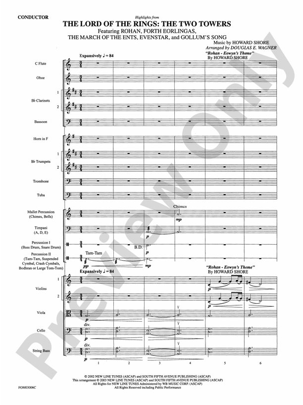 The Lord of the Rings: The Two Towers, Highlights from: Full Orchestra  Conductor Score & Parts: Howard Shore