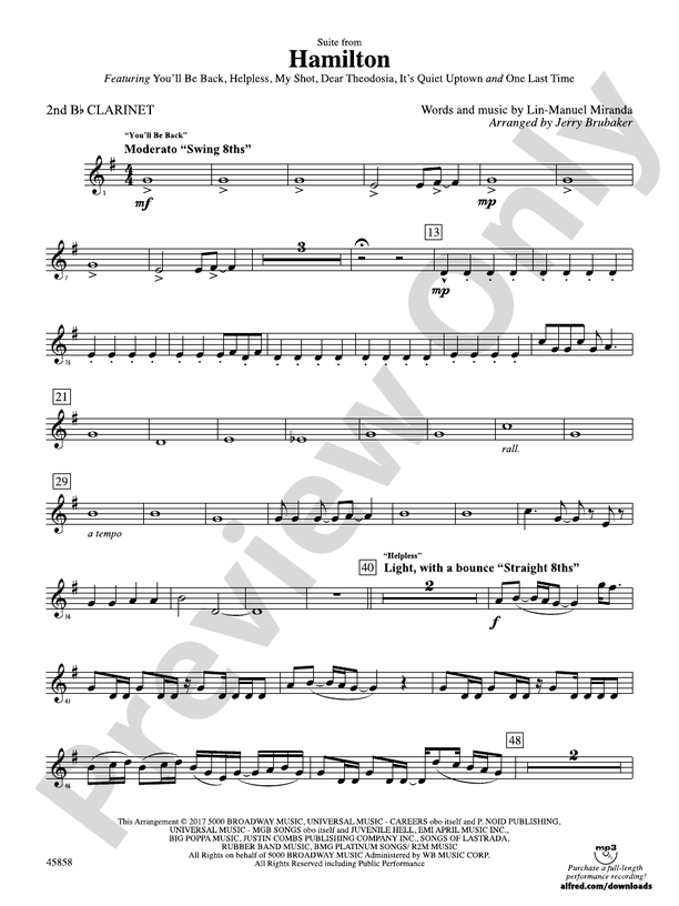 Hamilton, Suite from: 2nd B-flat Clarinet: 2nd B-flat Clarinet