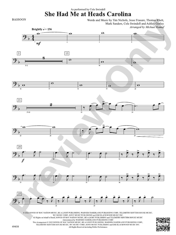 She Had Me at Heads Carolina Bassoon Bassoon Part Digital Sheet