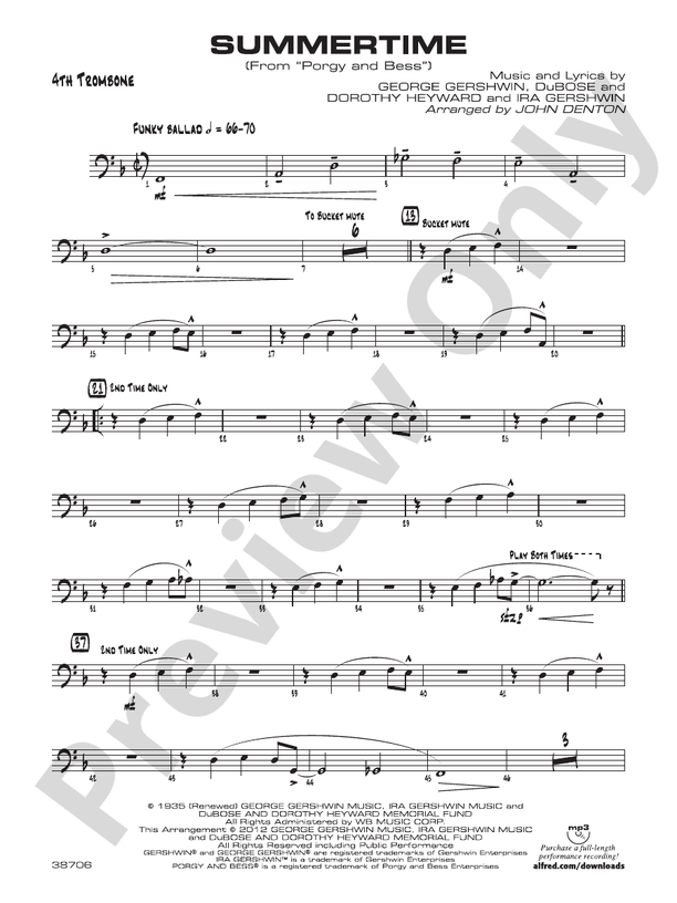 Summertime Bass Trombone Bass Trombone Part Digital Sheet Music