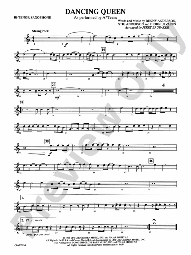 Dancing Queen B Flat Tenor Saxophone B Flat Tenor Saxophone Part