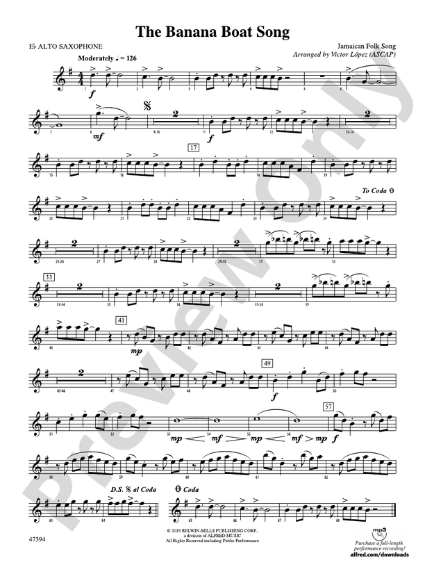 The Banana Boat Song Eflat Alto Saxophone Eflat Alto Saxophone Part