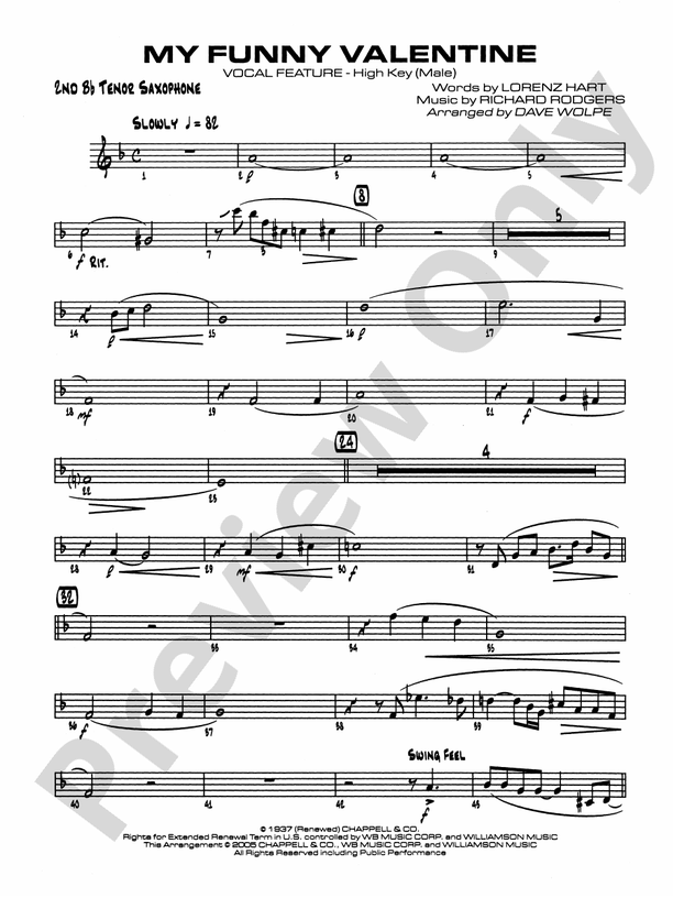 My Funny Valentine 2nd Bflat Tenor Saxophone 2nd Bflat Tenor