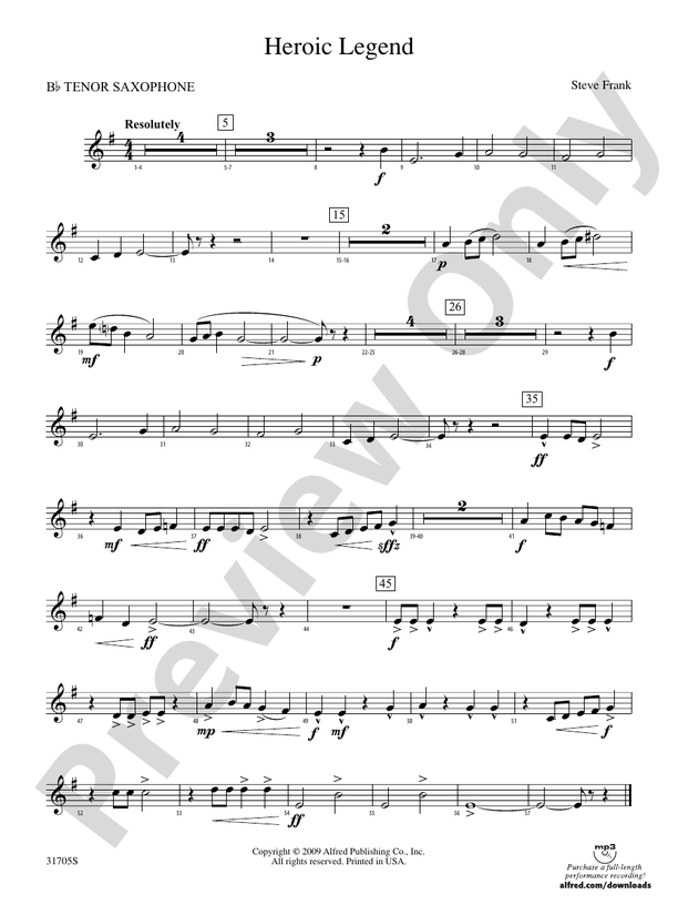 Heroic Legend Bflat Tenor Saxophone Bflat Tenor Saxophone Part