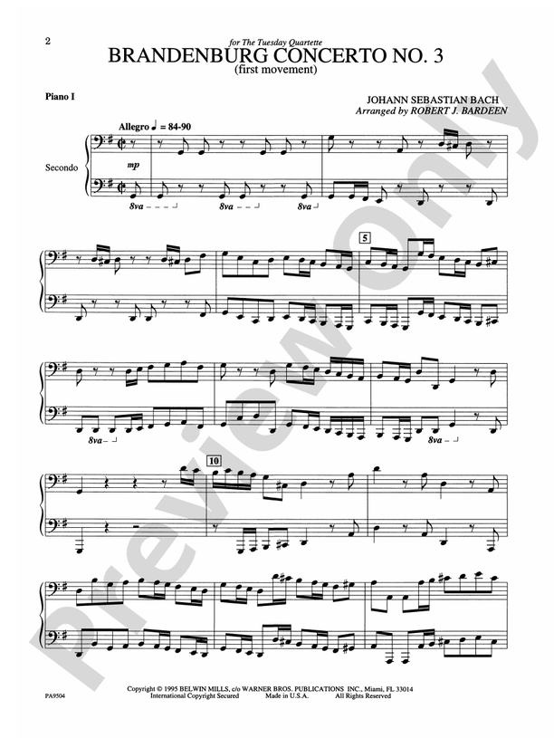 Brandenburg Concerto No. 3 (First Movement) - Piano Quartet (2 Pianos, 8 Hands)