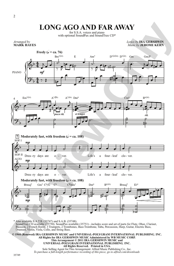 Long Ago And Far Away: SSA Choral Octavo: Jerome Kern - Digital Sheet ...