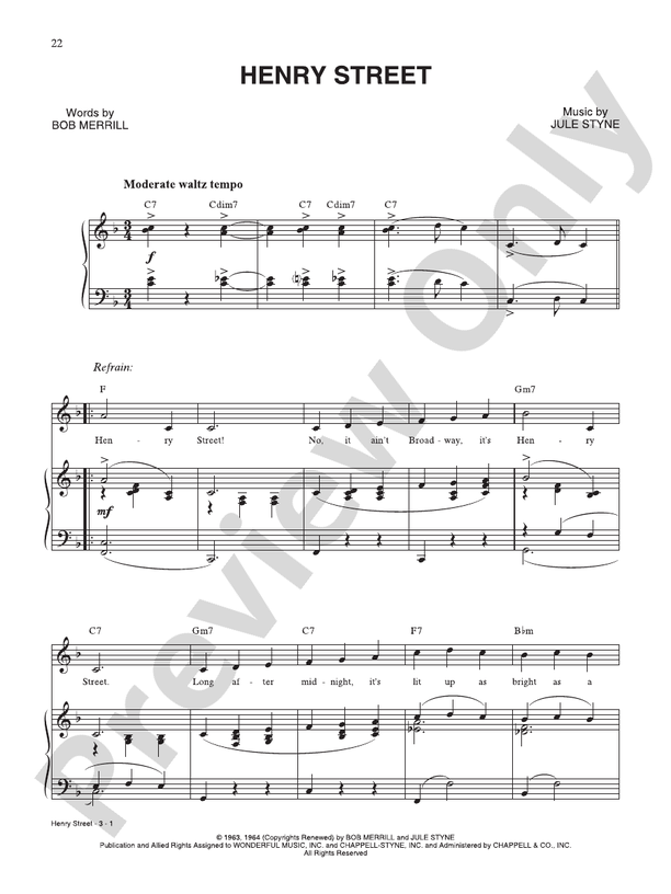 Henry Street (from "Funny Girl") Piano/Vocal Jule Styne Digital