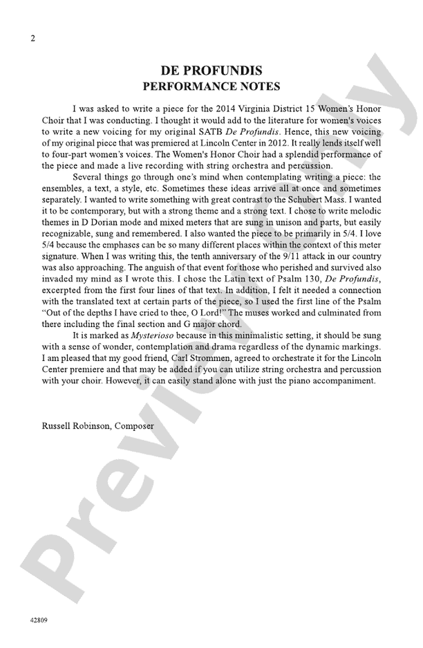 De Profundis SSAA Choral Octavo Russell Robinson Digital Sheet