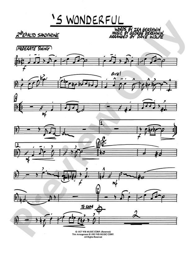 S Wonderful 2nd E Flat Alto Saxophone 2nd E Flat Alto Saxophone Part Digital Sheet Music 