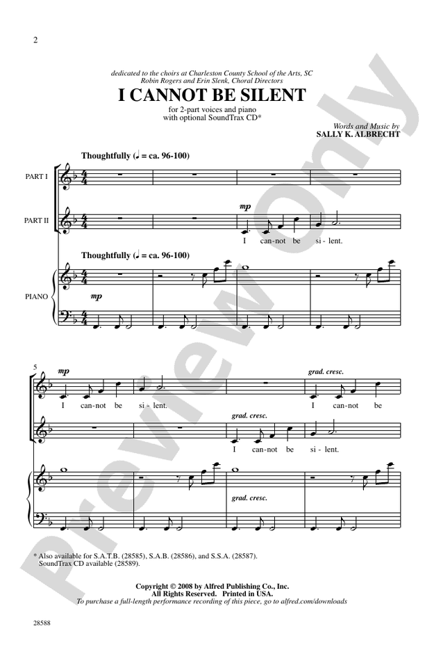 I Cannot Be Silent 2 Part Choral Octavo Sally K Albrecht Digital Sheet Music Download 9867