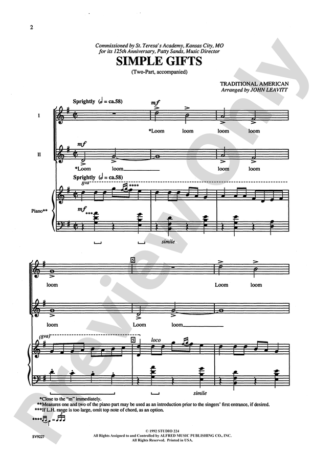 Simple Gifts, free easy hymn sheet music for piano with lyrics