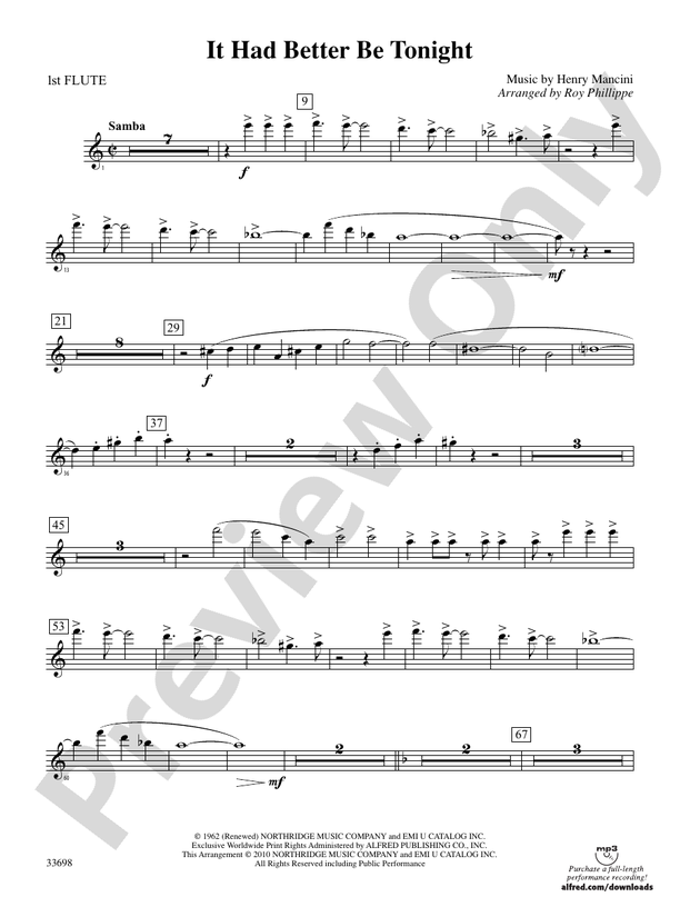 It Had Better Be Tonight From The Pink Panther Flute Flute Part Digital Sheet Music Download