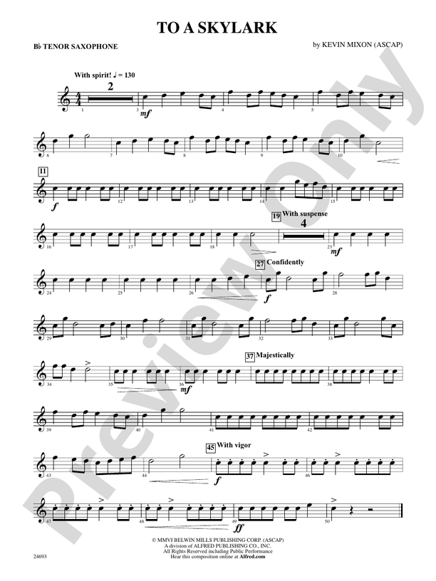 To a Skylark Bflat Tenor Saxophone Bflat Tenor Saxophone Part