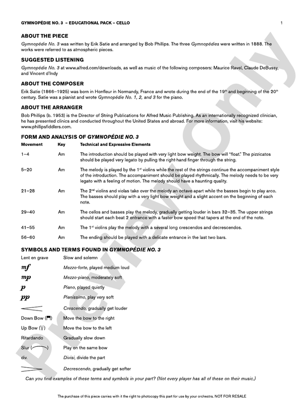 Gymnopédie No. 3: Cello Educational Pack