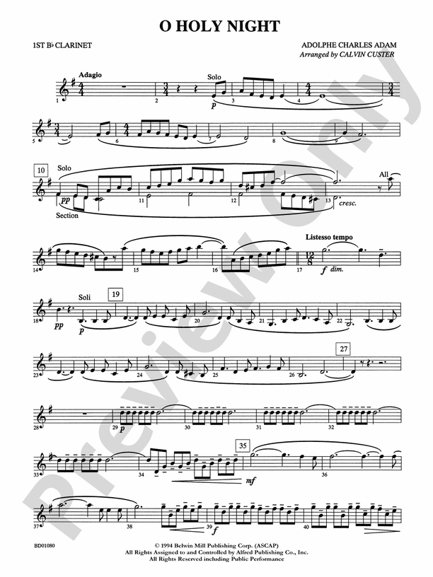 O Holy Night Christmas Carol For Clarinet - Free Sheet Music