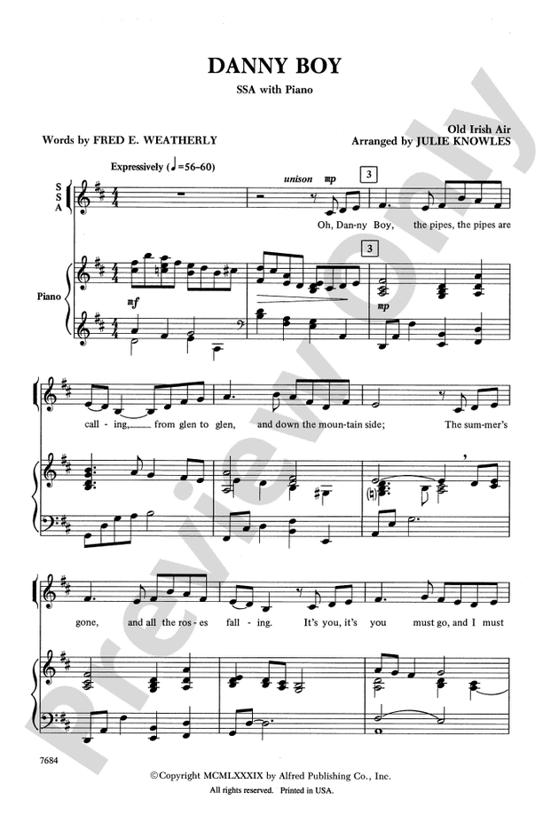 Danny Boy SSA Choral Octavo Digital Sheet Music Download