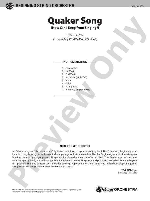Quaker song how can i keep from singing score string orchestra