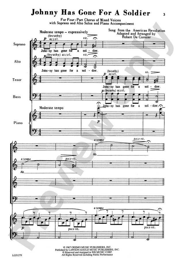 Johnny Has Gone For A Soldier Lyrics Johnny Has Gone for a Soldier: SATB Choral Octavo - Digital Sheet Music