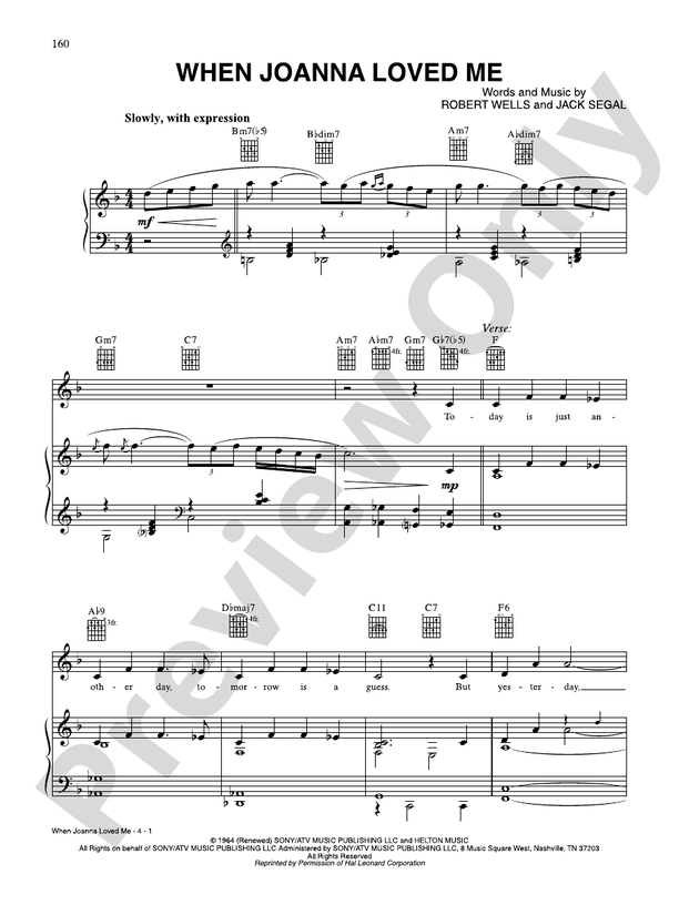 When Joanna Loved Me: Piano/Vocal/Chords - Digital Sheet Music Download:  Tony Bennett