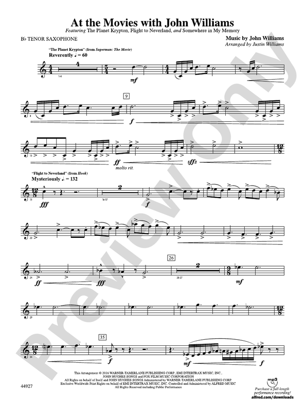 At the Movies with John Williams Bflat Tenor Saxophone Bflat Tenor