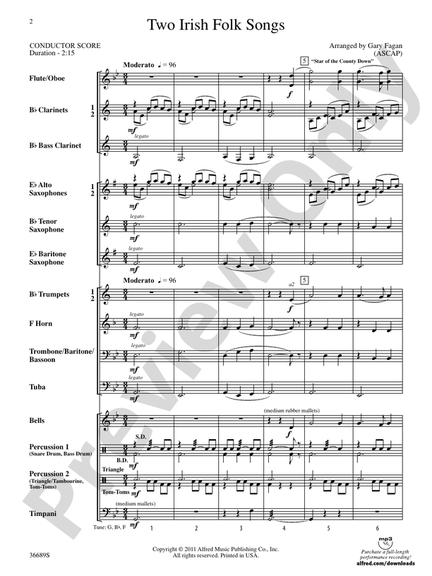 Two Irish Folk Songs Concert Band Conductor Score & Parts Digital