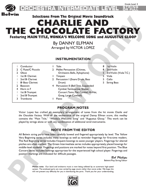 Charlie and the Chocolate Factory, Selections from