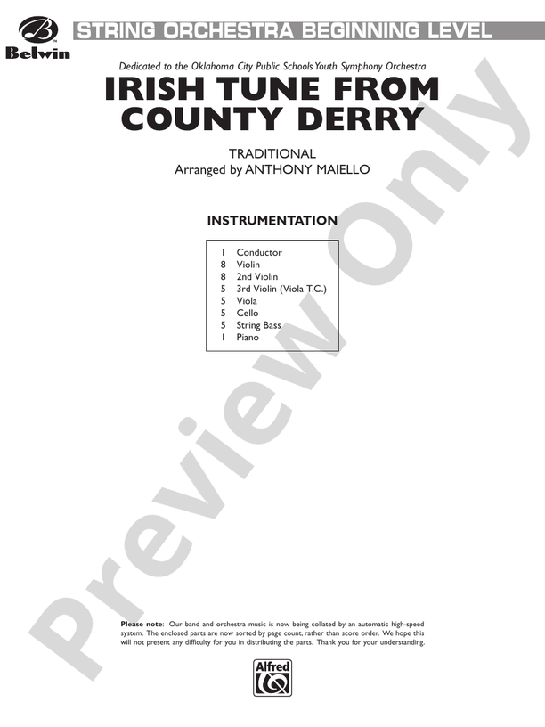 Irish Tune from County Derry: String Orchestra Conductor Score & Parts ...