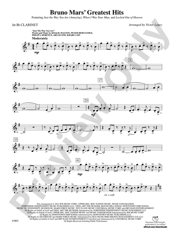 Bruno Mars Greatest Hits 1st B Flat Clarinet 1st B Flat Clarinet Part Digital Sheet Music