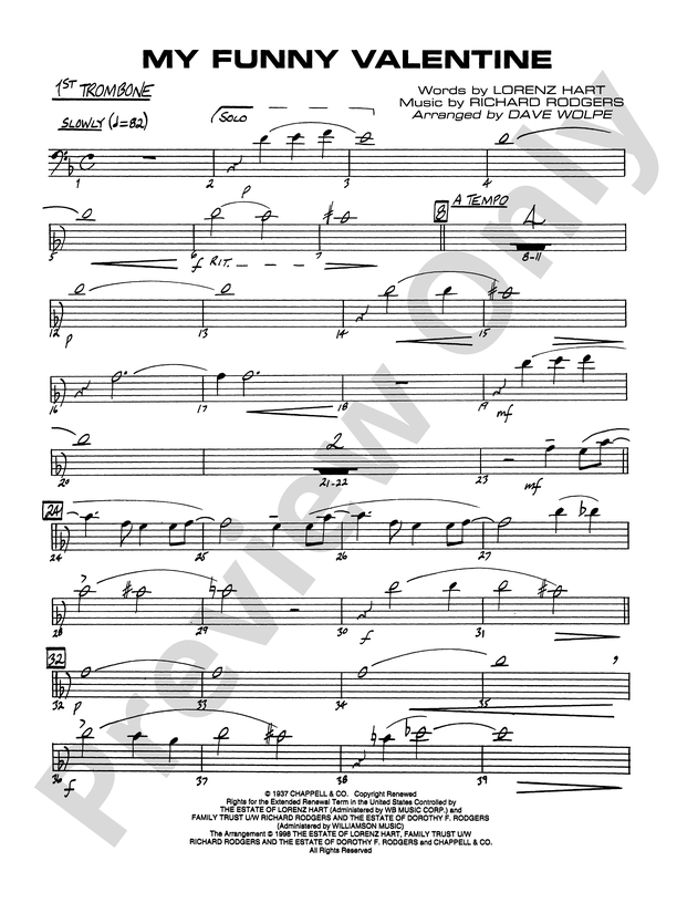 My Funny Valentine: 1st Trombone: 1st Trombone Part - Digital Sheet Music  Download
