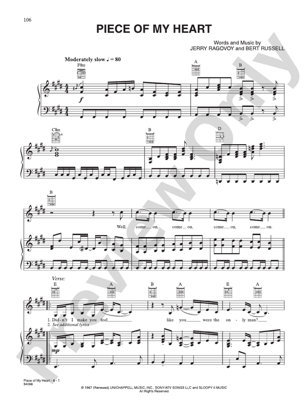 Janis Joplin Piece of My Heart Sheet Music in E Major (transposable) -  Download & Print - SKU: MN0136466