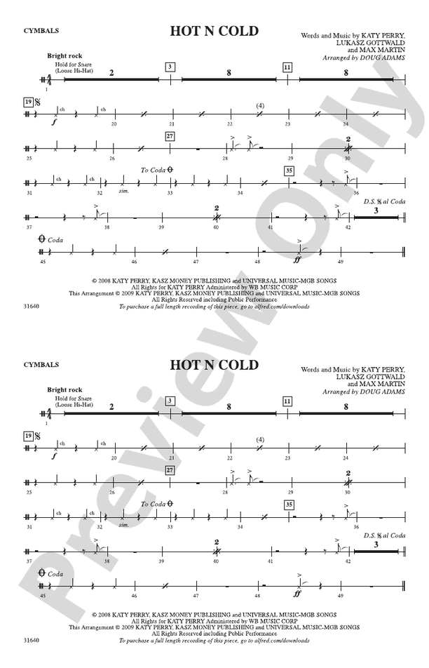 Hot N Cold Cymbals Cymbals Part Digital Sheet Music Download