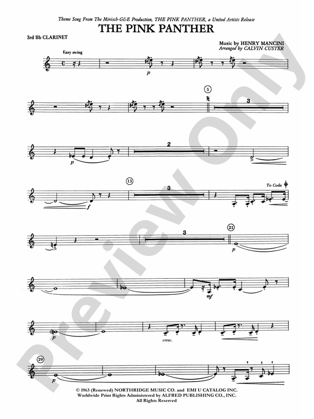 The Pink Panther 3rd B Flat Clarinet 3rd B Flat Clarinet Part Digital Sheet Music Download 