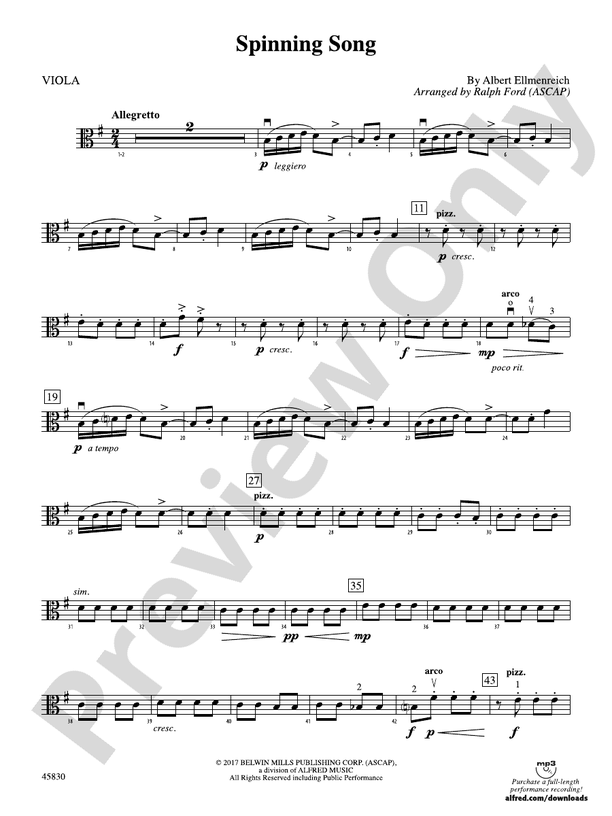 Spinning Song Viola Viola Part Digital Sheet Music Download