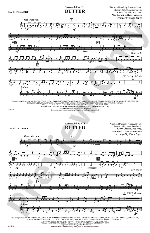 Butter 2nd Bflat Trumpet 2nd Bflat Trumpet Part Digital Sheet