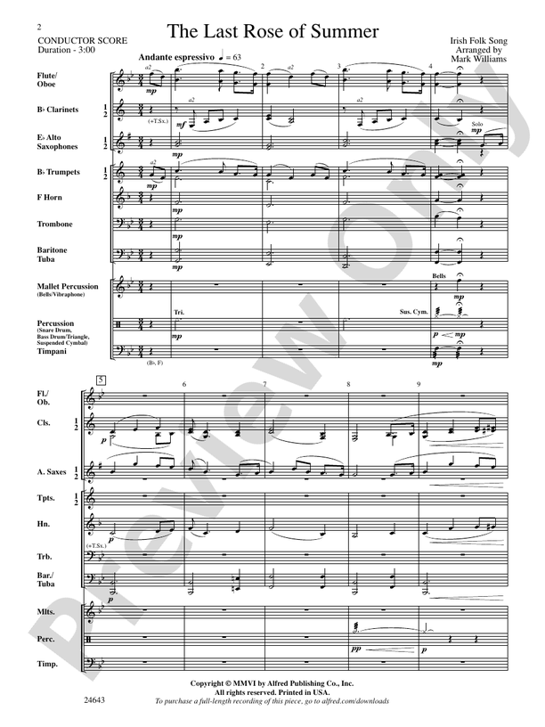A concert band score sheet image for The Last Rose of Summer, showing musical notation and arrangement layout