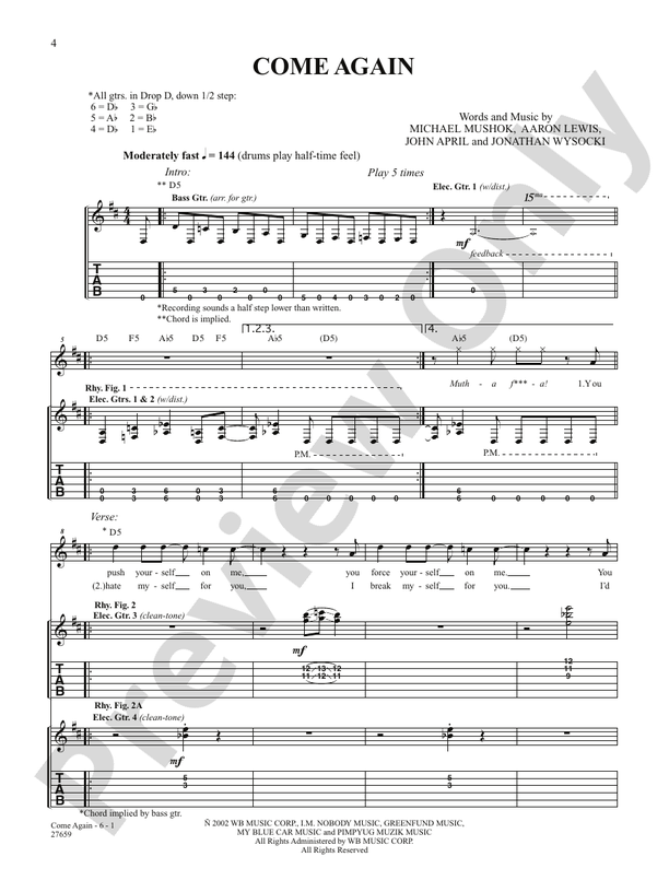 Come Again: Guitar: Staind - Digital Sheet Music Download