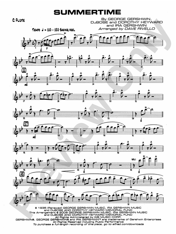 Summertime Flute Flute Part Digital Sheet Music Download